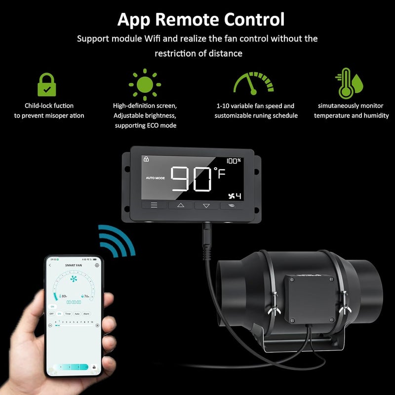 Toolazy Quiet 4" 214 CFM Inline Duct Fan with WiFi Integrated App Controller, Temperature Humidity Control - Ventilation Exhaust Fan for Heating Cooling, Grow Tents, Hydroponics - Image 2